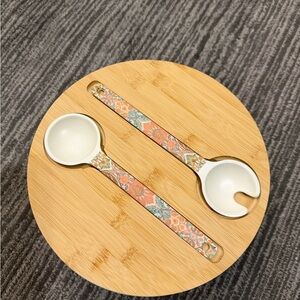 Floral Pattern Ceramic Salad Serving Set - Orange & Teal Handles